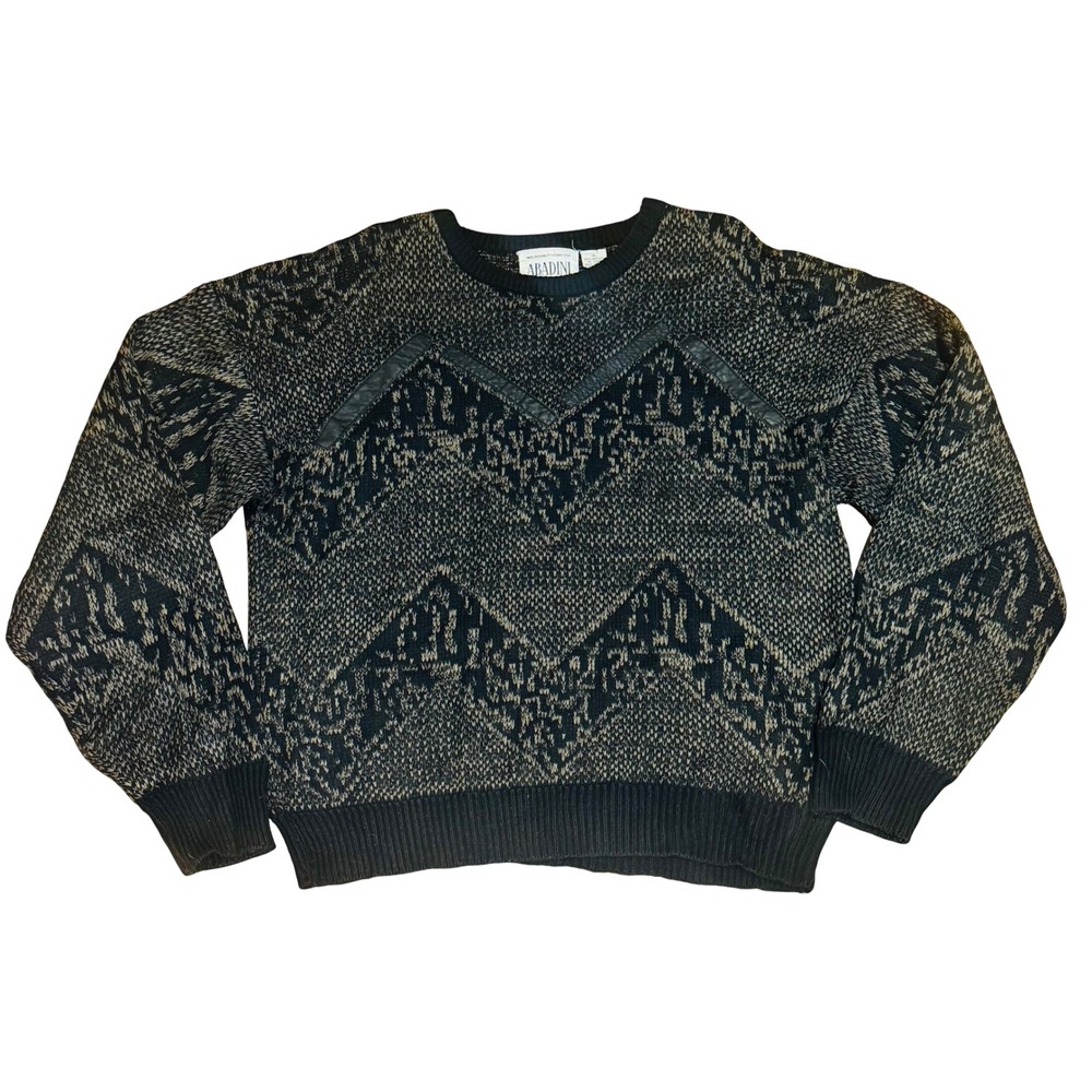 Vtg 80s 90s Abadini Geometric Knit Sweater Mens XL Leather Trim Coogi Style